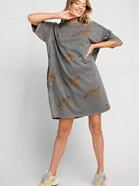 EASEL MINERAL WASHED CHEETAH PRINT T SHIRT DRESS 100% COTTON